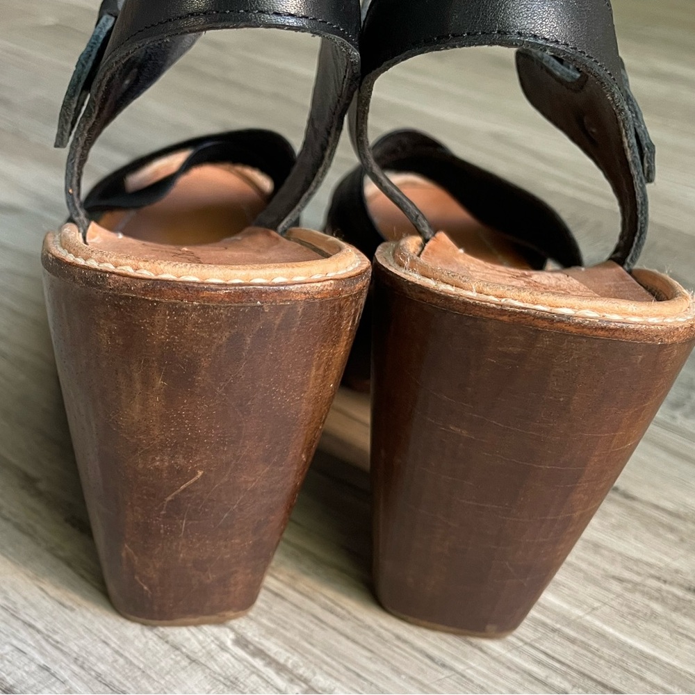 Rachel Comey Black Leather Cross-Strap Wedge Sandals with Wood Platform - Picture 9 of 16